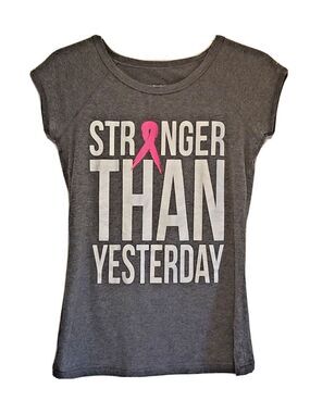 Womens Cancer Awareness T-Shirt X-Small Pink Ribbon Cap Sleeve Grey Ideolgy